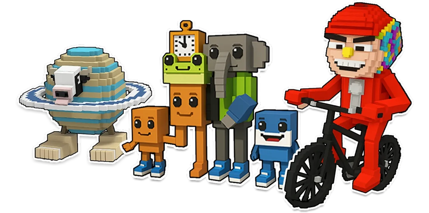 Group of pixel style cartoon characters, including a robot, planet character, and person on a bicycle, representing the Brainrot set